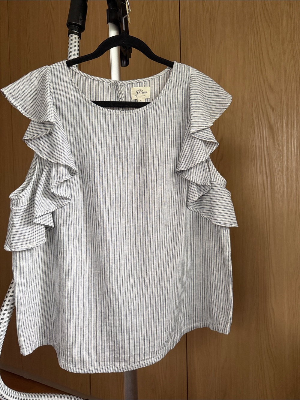 J. Crew Striped Ruffle Sleeve Blouse in Blue and White Linen and Cotton Blend